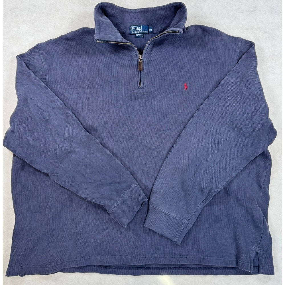 Polo Ralph Lauren Mens XXL Navy Blue 1/4 Zip Pullover‎ Cotton Rib Knit Vintage